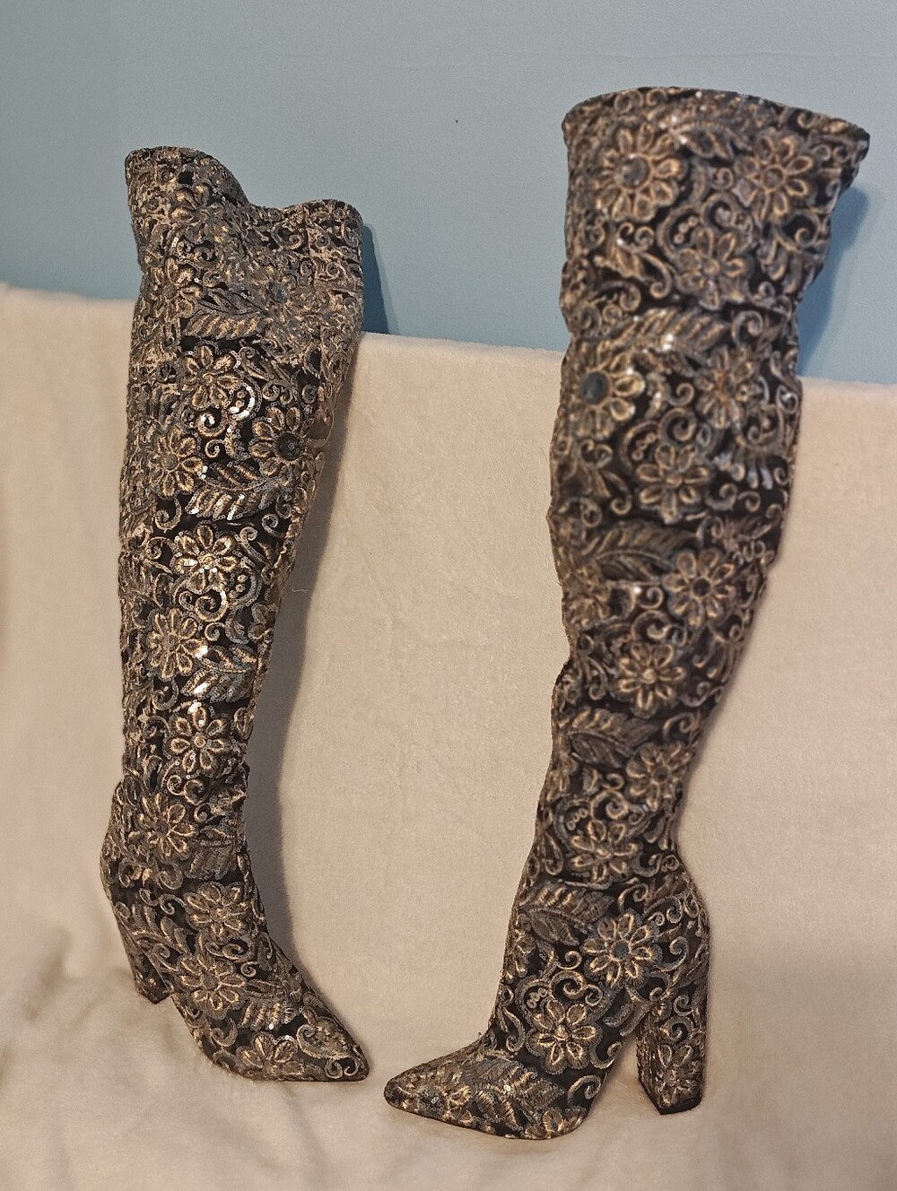 Womens Over-the-Knee Embroidered Floral Boots - Black and Gold